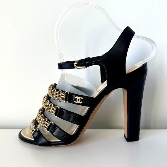 CHANEL CC Logo Black Lambskin Quilted Heels Gold Chain Strap Sandals IT 39 - Picture 5 of 16